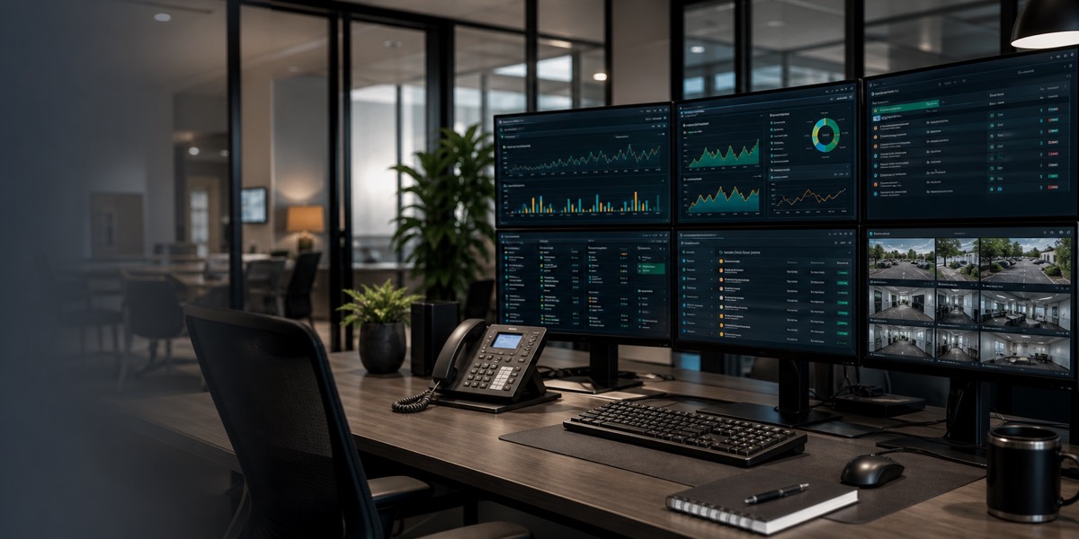 Sentinel Owl operations desk with security and monitoring dashboards